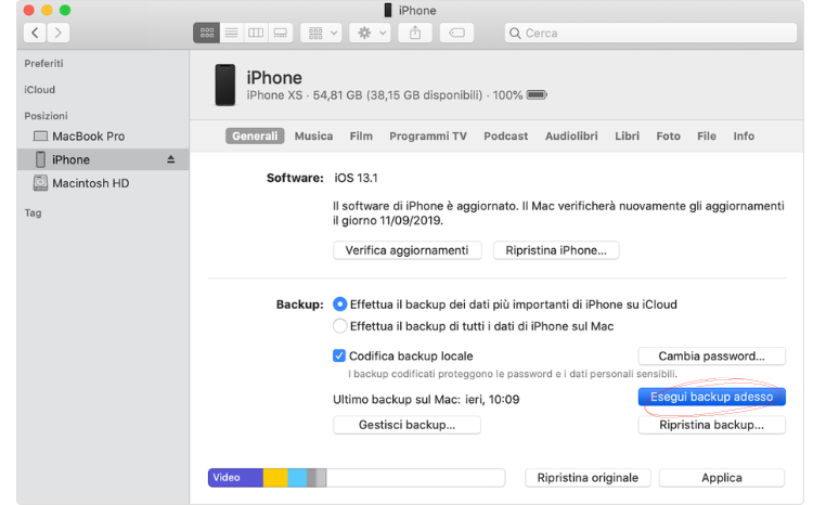 Backup iPhone tramite Finder su Mac